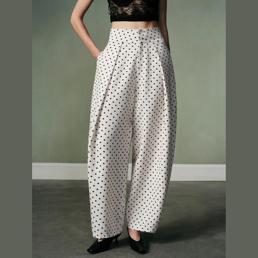 White / Black Polka Dot High Waist Pleated Wide Barrel Leg Trousers